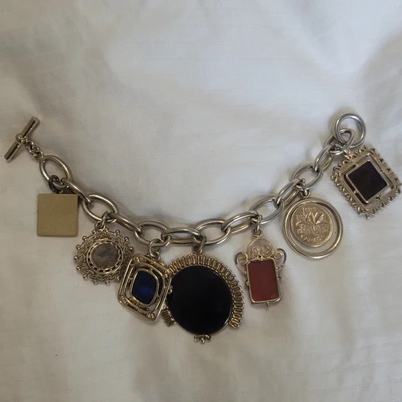 1950s Intaglio Glass Cameo Italian Roman Greek Chunky Toggle Charm Bracelet